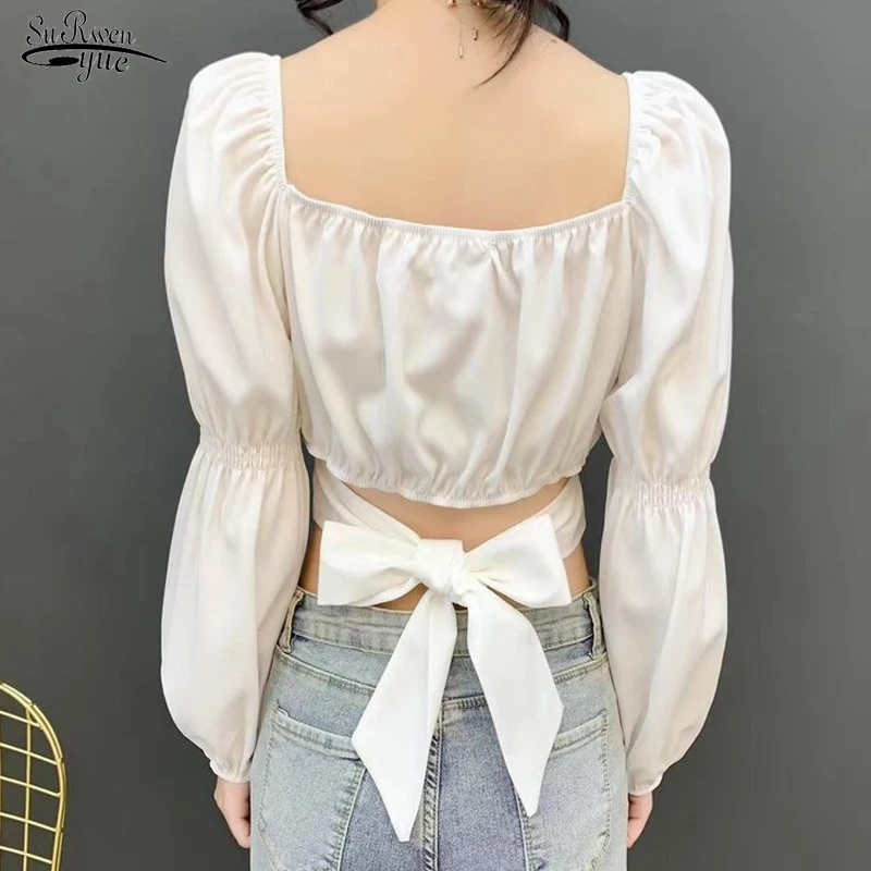 Повседневные Элегантные женские топы и блузки белого цвета с пышными рукавами
