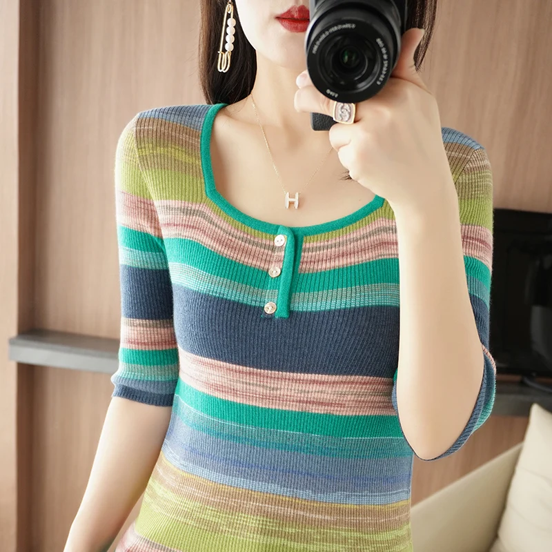 

MVLYFLRT 100% Merino Wool Short Sleeve Slim Fashion Contrast Color Top Spring Summer New Tight Sexy Vest Thin Sweater