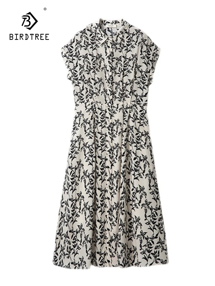 

Birdtree 6A, 100% шелк тутового шелкопряда, французский стиль, платье для путешествий, черно-белое платье-поло с принтом, воротник на талии, завернутые платья-рубашки, D38567QC