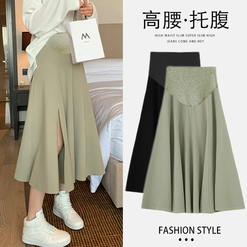 

8001# Side Splited Chiffon Maternity Skirts Elastic Waist Belly A Line Skirts Clothes for Pregnant Women Spring Summer Pregnancy