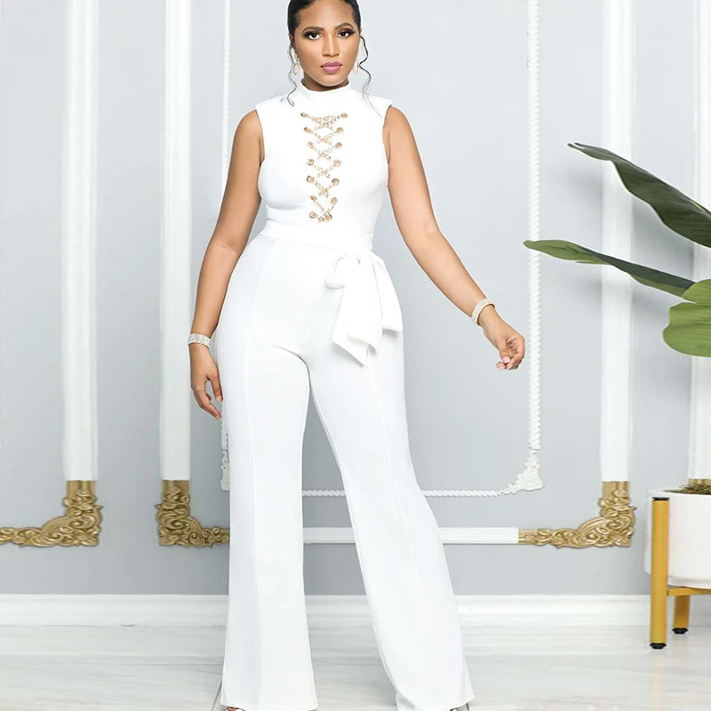 

Znaiml 2023 Elegant Sleeveless One Piece Overalls Eyelet Chain Office Lady Workwear Formal Jumpsuit for Women Club Party Romper