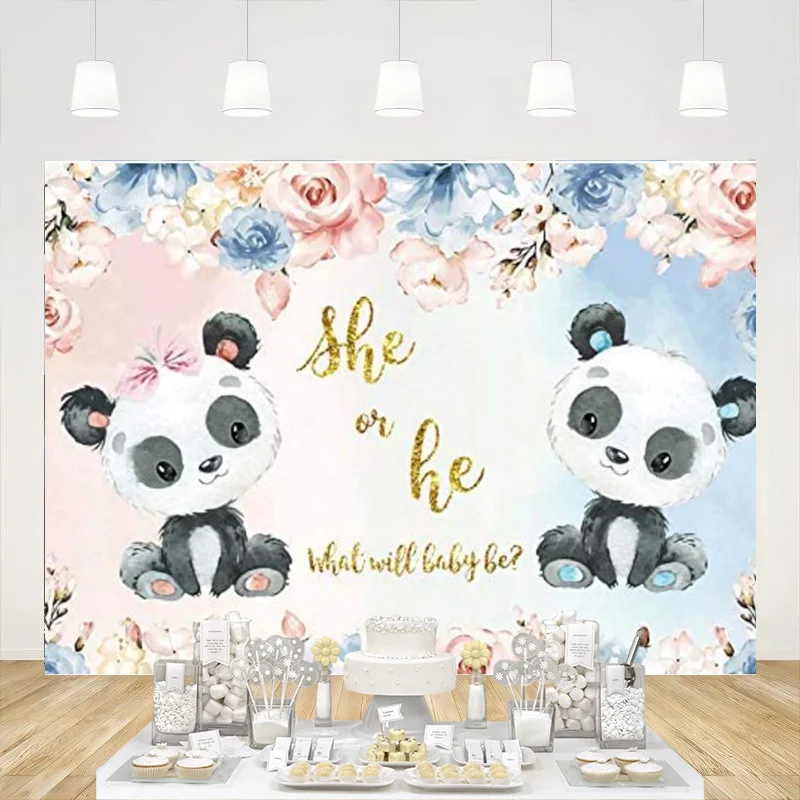 

Panda Flowers Gender Reveal Party Backdrop Pink Blue He or She What Will Baby Be Boy or Girl Baby Shower Party Background Studio