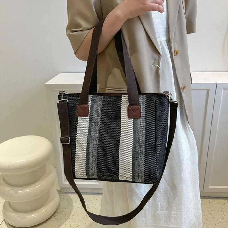 Large Capacity Casual Tote Bags For Women New Design Canvas Shoulder Crossbody Bag Fashion Stripe Handbags Lady Top Handle Bag