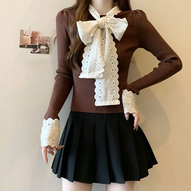 Французский кружевной вязаный свитер с бантом для женщин красный приталенный