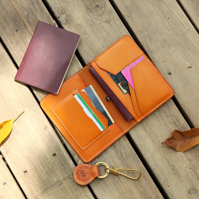 100% Genuine Leather Free Custom Name Passport Holder Vintage Vegetable Tanned Cowhide Wallets Multifunctional ID Card Holder