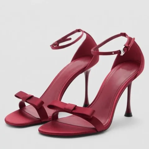 Сандалии на высоком каблуке с украшением в виде сладкого красного банта, женские пикантные туфли на каблуке с открытым носком и пряжкой на щиколотке, модная обувь для вечеринок, Zapatos De Mujer