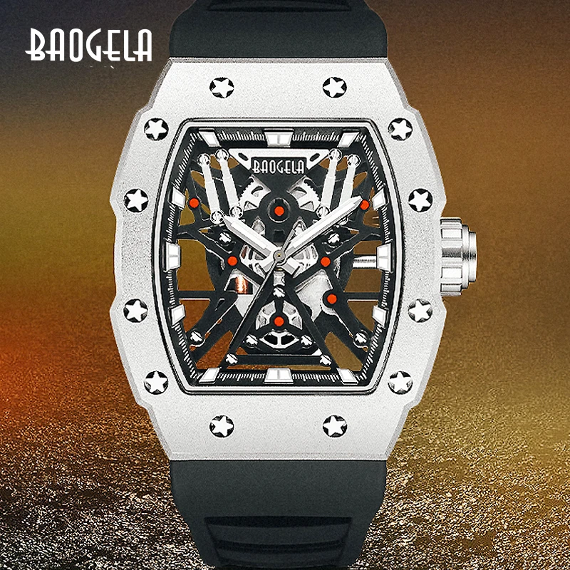 BAOGELA Top Brand Mechanical Wind Tonneau Watch Stainless Steel Watches Waterproof Creative Clock Silicone Strap Wristwatch 4147