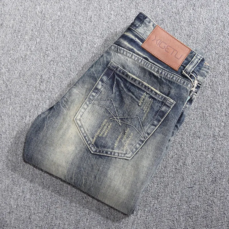 Fashion Vintage Men Jeans Retro Slim Fit Ripped Jeans Men Hole Trousers Embroidery Patched Designer Casual Denim Pants Hombre