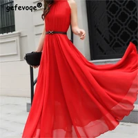 simple elegant ladies sleeveless black red chiffon long dresses womens summer fashion ruffled halter high waist maxi dress robe