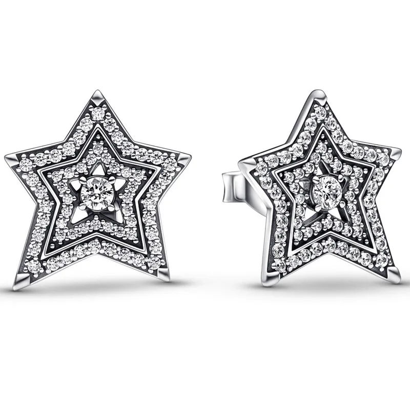 

Authentic 925 Sterling Silver Timeless Celestial Asymmetric Star Stud Earring For Women Wedding Fashion Jewelry