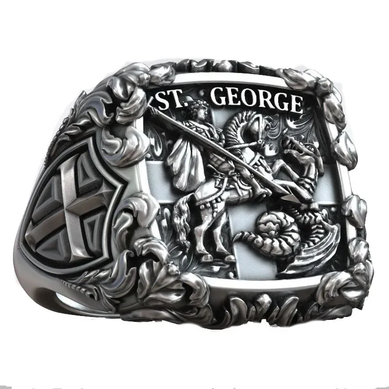 

17g Saint George the Victorious Knight Cross Christian Signet For Mens 925 Solid Sterling Silver Many Sizes Rings Sz 6-13