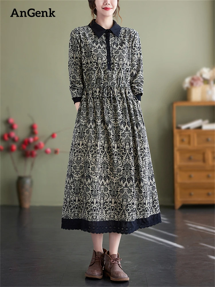 

Spring Autumn Vintage Black Print Long Sleeve Dresses For Women Cotton Casual Lace Dress Ladies Elegant Vestidos Fashion Clothes