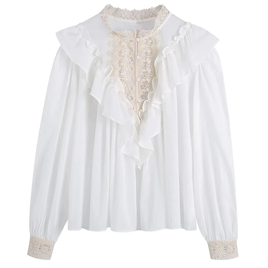 

Elmsk 2022 Fashion Elegant Cascading Blouse Women Casual Shirt Indie Folk Lace Splicing Blouse Women Tops