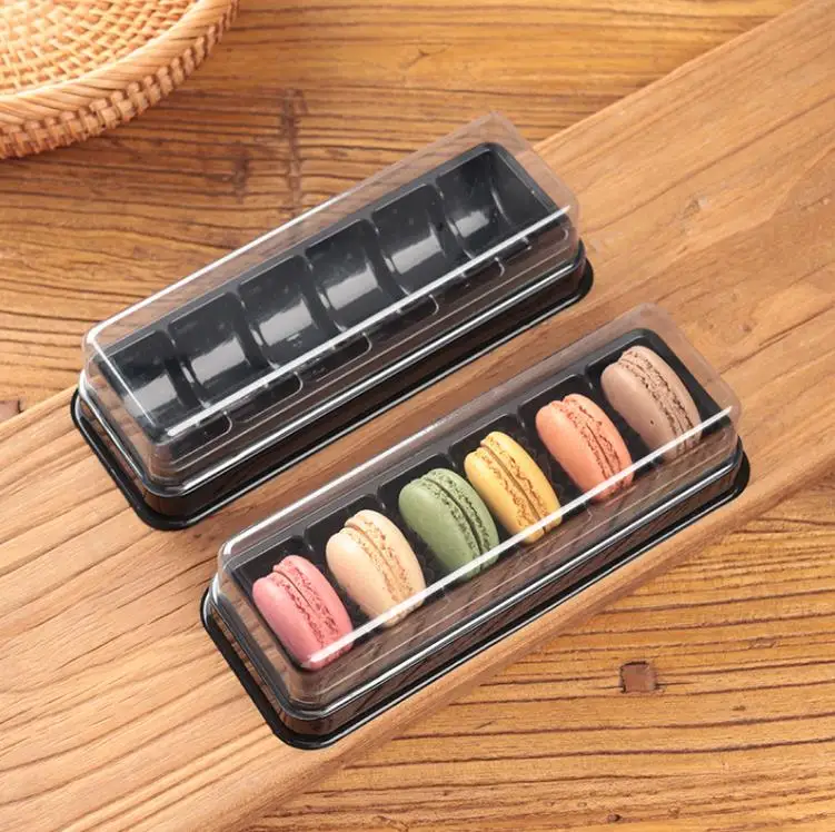 

6 Cavity Macaron Packing Box Black Plastic Rectangular Baking Packing Box With Clear Lid SN4429