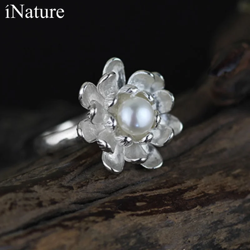 

INATURE 925 пробы Серебряное кольцо с цветком лотоса для Для женщин Винтаж пресной воды Жемчужное кольцо