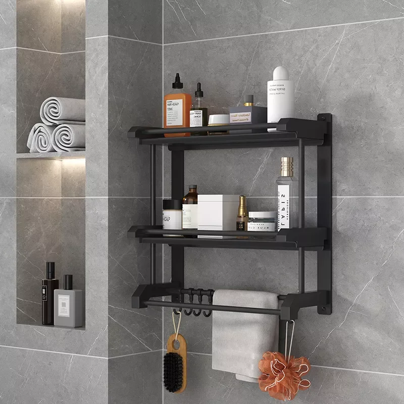 Bathroom Holder Wall-mounted Black Multifunction Storage Rack Strong Load-bearing Rustproof Kitchen Organizer Bathroom Shelf