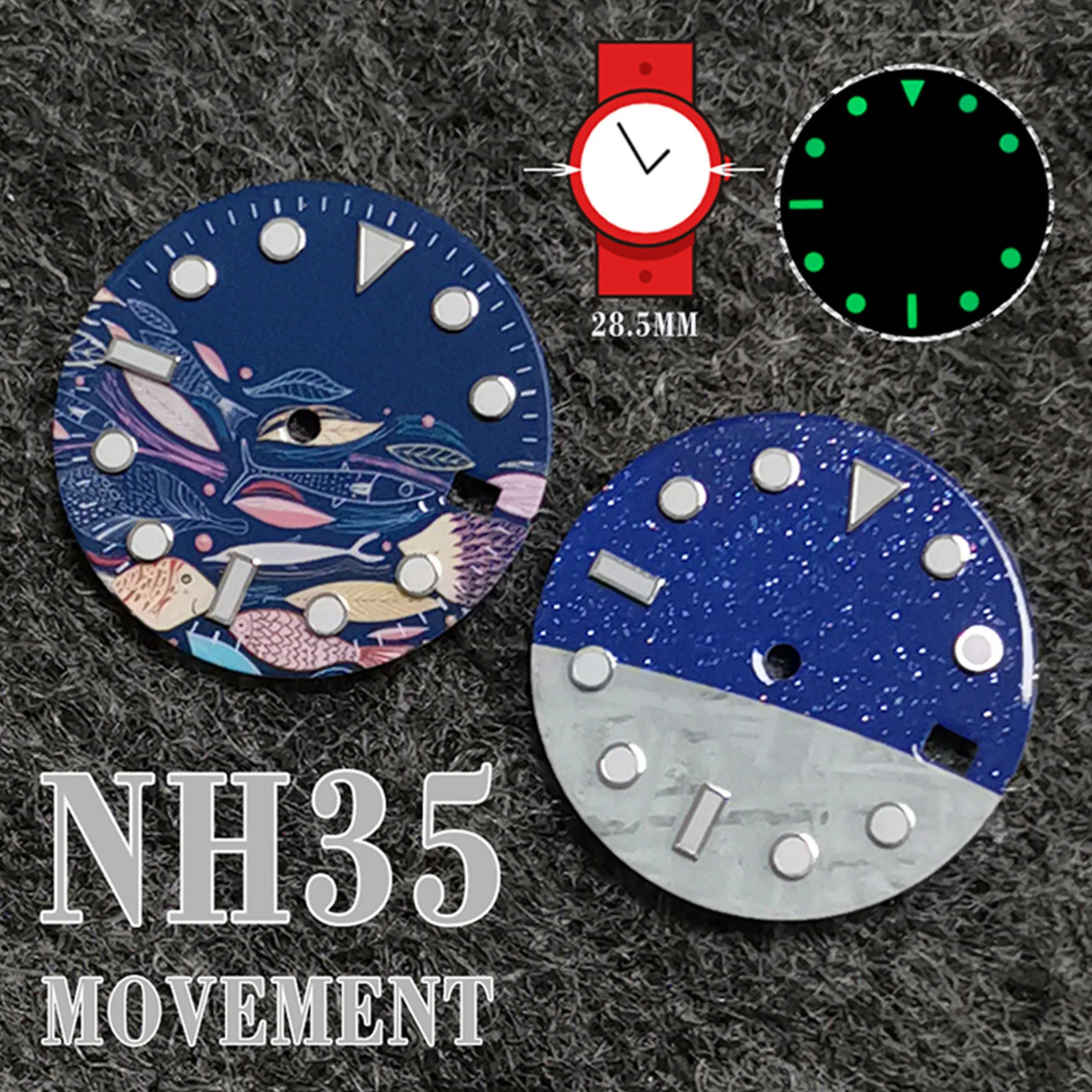 

Циферблат часов 28,5 мм с датой, окошком, абстрактными рыбками/рисунок звезды луны, циферблат, зеленые светящиеся весы для движения NH35/36/4R/7S