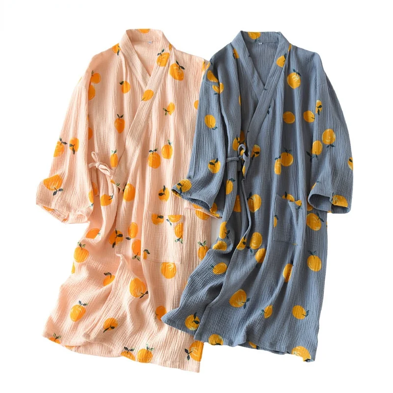 

2021 Japanese Style Kimono Spring Summer New 100% Cotton Crepe Ladies Thin Nightgown Women Bathrobe Robe Home Service Pajamas