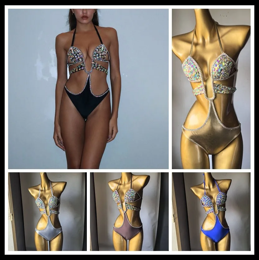 Цельный купальник бикини для ночного клуба 2025 года сшитый вручную цепочкой
