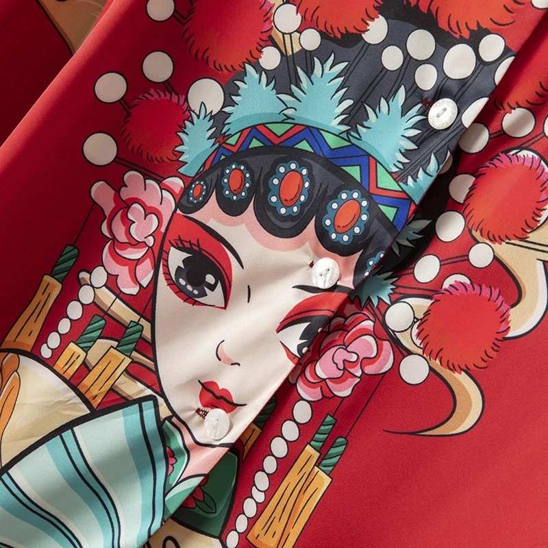 Spring Autumn New Ice Silk Thin Pajamas for Women Chinese Opera Printing Long Sleeved Trousers Suit Sleepwear Home Loungewear