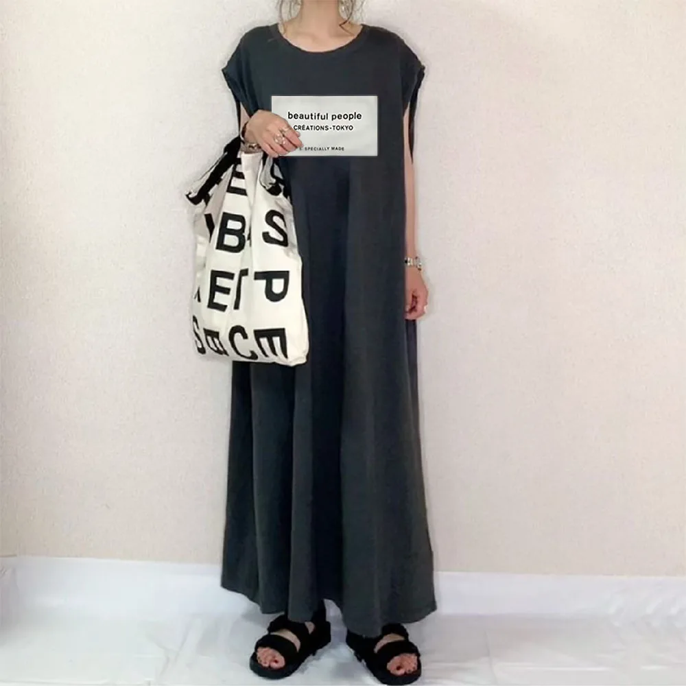 

Women Summer Casual Loose Maxi Dress Black Patchwork Letter Fashion Simple Girl Long Dresses Streetwear Korean Janpanese Style
