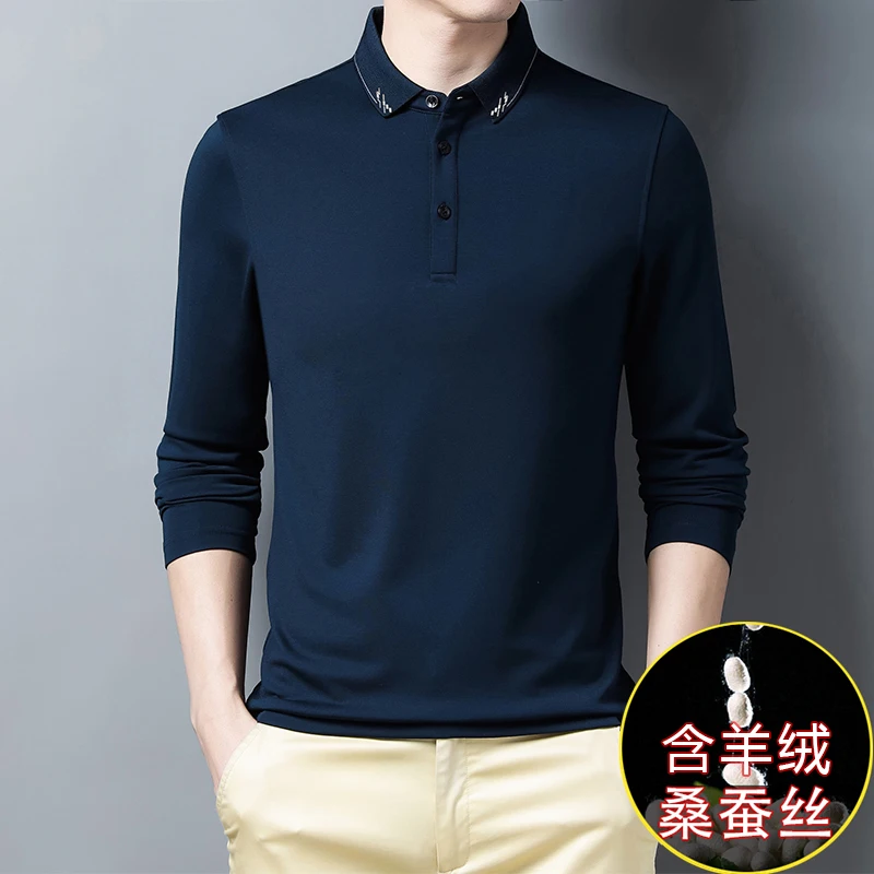 

Men's long sleeve T-shirt lapel business casual solid color spring and autumn cashmere silk bottoming Polo shirt