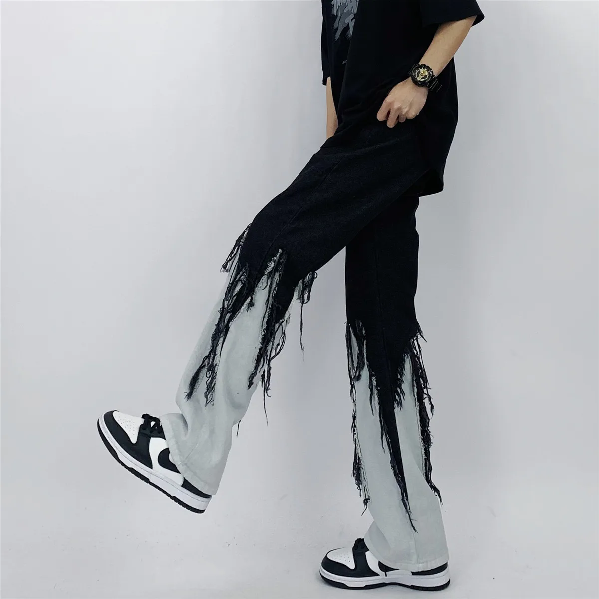 Four Seasons Men's Jeans High Street Hip Hop Contrast Color Tassel Loose Jeans Korean Fashion Jeans Hip Hop Men's Y2k Pants Men