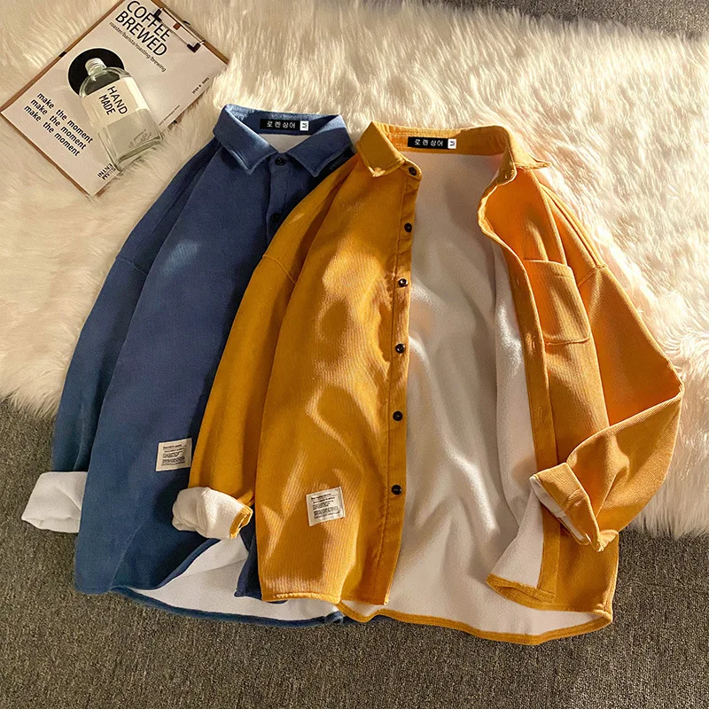 

Corduroy Fleece Thicken Mens Autumn Winter Shirts Loose Warm Long Sleeve Casual Blouse Fashion Male Cardigan