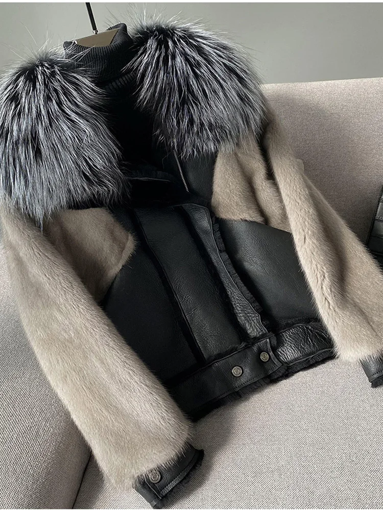 2022 New Natural Mink Fur Coats Fashion Genuine Leather Jackets Female For Women With Real Fox fur Warm Winter Short