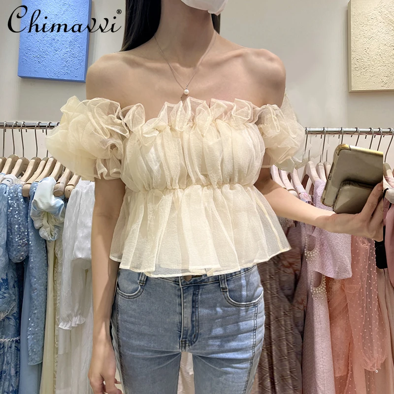 

2022 Summer New Fashion Design French Style Off-the-Shoulder Puff Sleeves Chiffon Shirt Apricot Wooden Ear Short Top for Women
