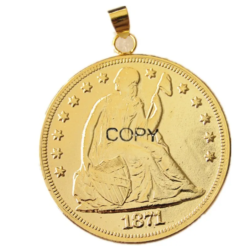 

P(19) кулон в виде монеты, США, 1871 сидение, ожерелье в виде свободы, серебряные доллары, позолоченная монета, модные ювелирные изделия