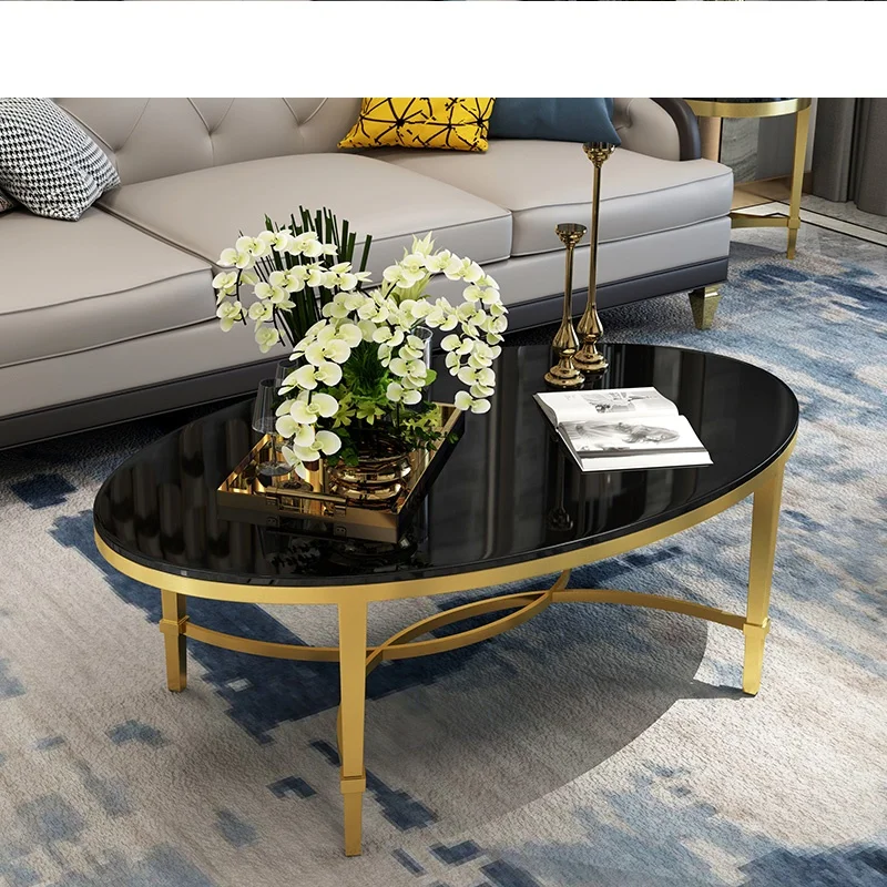 

Nordic postmodern Italian light luxury marble tea table simple Hong Kong style stainless steel glass metal living room oval