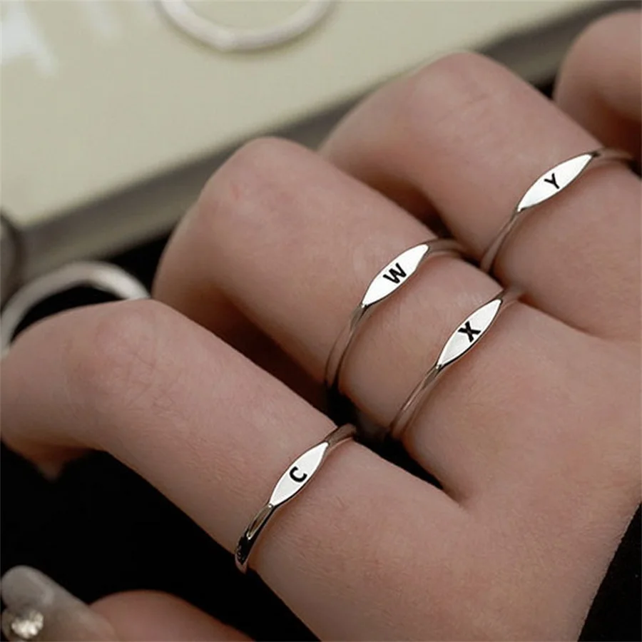 

Tiny Initial Letter Rings For Women Fashion 26 A-Z Letter Finger Silver Color Alphabet Name Couple Finger Ring Aesthetic Jewelry