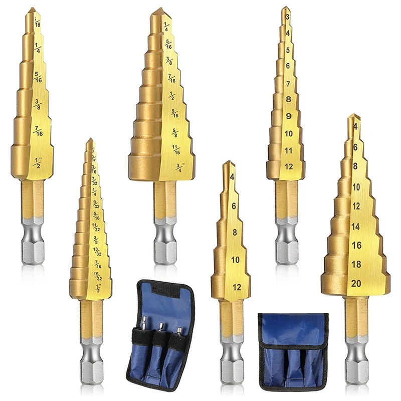 

6 Pieces Step Drill Bit Set 1/4 Inch Hex Shank HSS Titanium Coated Metal Hole Drilling Cutter For Aluminum Plate Wood