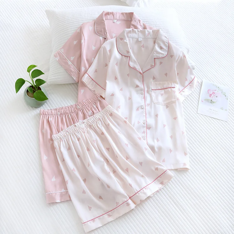 New Summer Viscose Pajamas For Women Sleeping Clothing Heart-Shape Printed Pyjamas Sleepwear Set For Female Loungewear