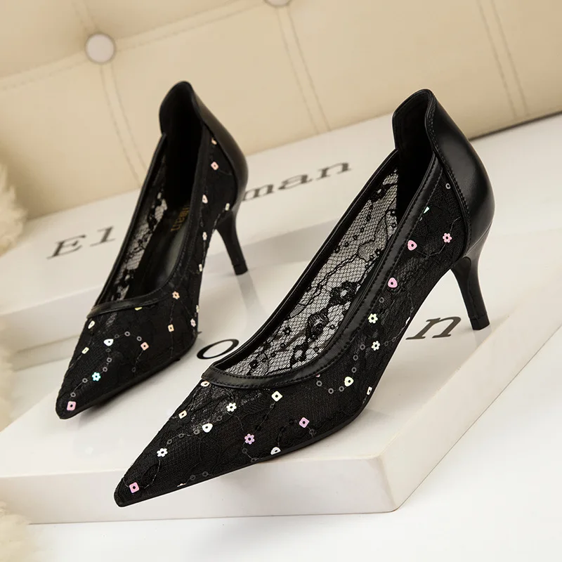 

Women's shoes Sexy slim sequined high-heeled shoes women's stiletto high-heeled pointed toe mesh lace single shoes