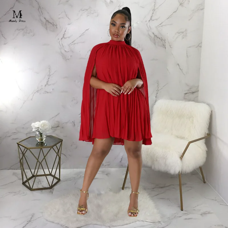 

Elegant Women Mini Dress Chiffon Pleated Casual Loose Clothes Spring Summer Gown Sexy Ladies Short Dresses 2023
