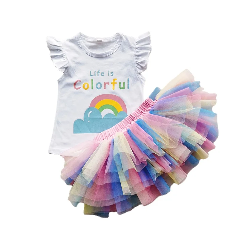 

Girls Lace Skirt Sets 2pcs Rainbow Black Tutu Skirts Ruffle Sleeve T-shirts Baby Girl Fly Sleeve Tees Summer Children Clothes