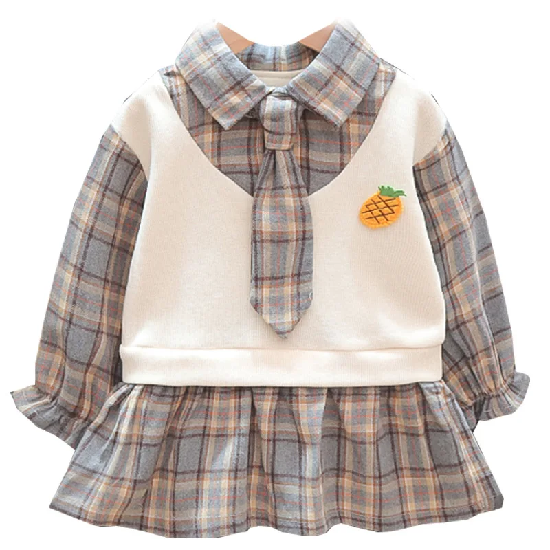 

Toddler Girl Preppy Style Dresses Autumn Winter Knee Length Plaid Long Sleeve Patchwork Clothes for Infant 0-4 Years Kids