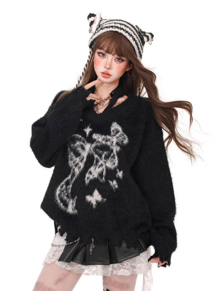 Винтажный свитер с черными дырками и ленивым принтом джемперы осень-зима новые