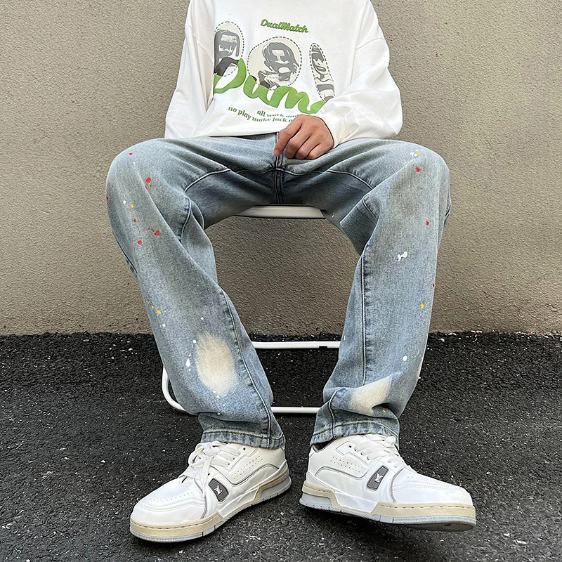 

Autumn and Winter Splashing Ink Wash Old Jeans Men's Loose High Street Wind Straight Tide Cowboy Pants