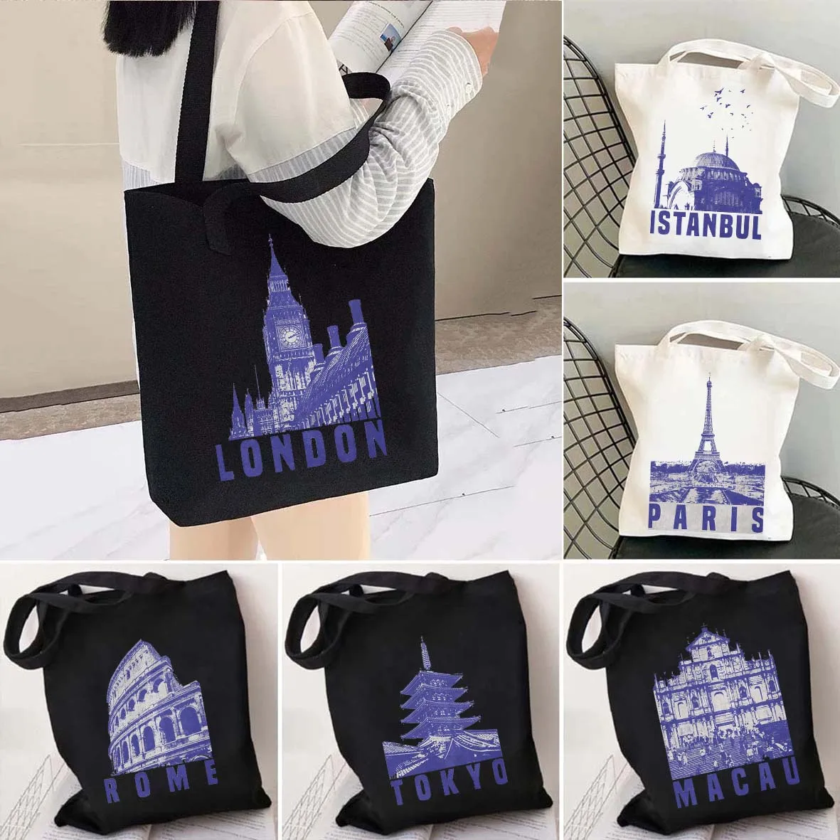 

World Travel Tokyo Rome PARIS Bali Bangkok Berlin Chicago Dubai Copenhagen Dortmund Dusseldorf Canvas Totes Bag Shopper Handbags