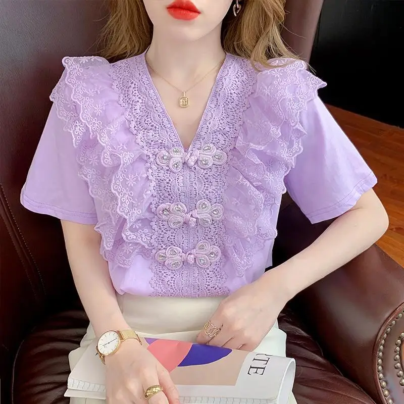 

T shirt female heavy worker buckle pearl lacerous lotus short T -shirt top female 2022 summer dress v neck solid t shirt tops