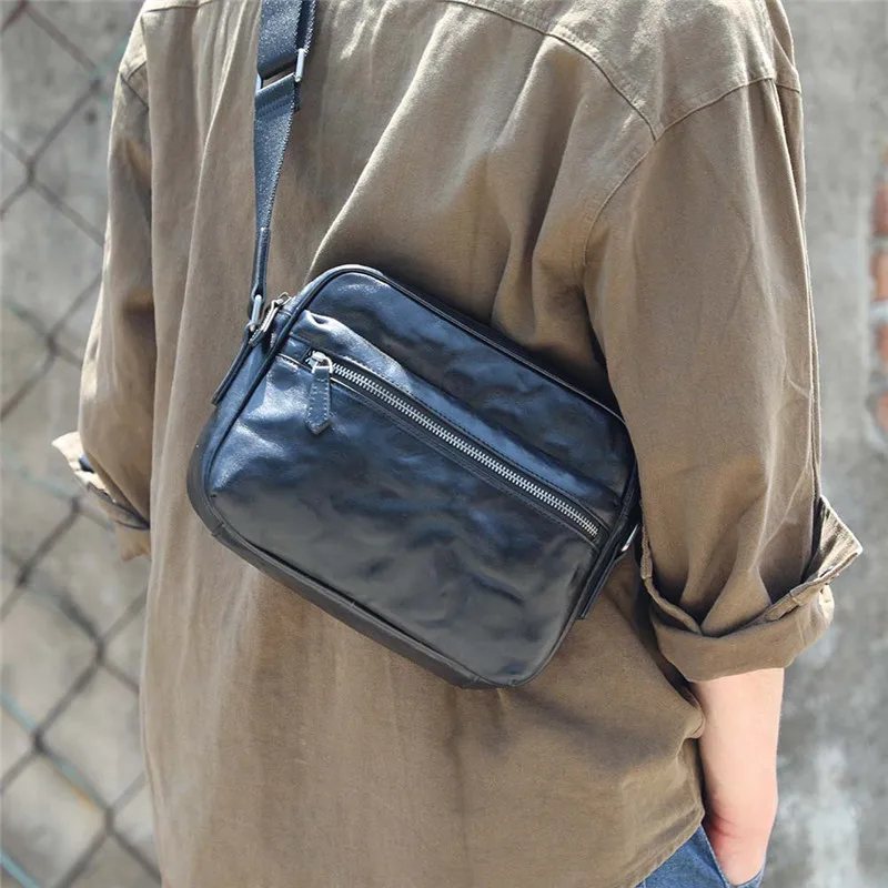 Retro fashion high quality natural real leather men black small messenger bag for daily outdoor summer top cowhide shoulder bag