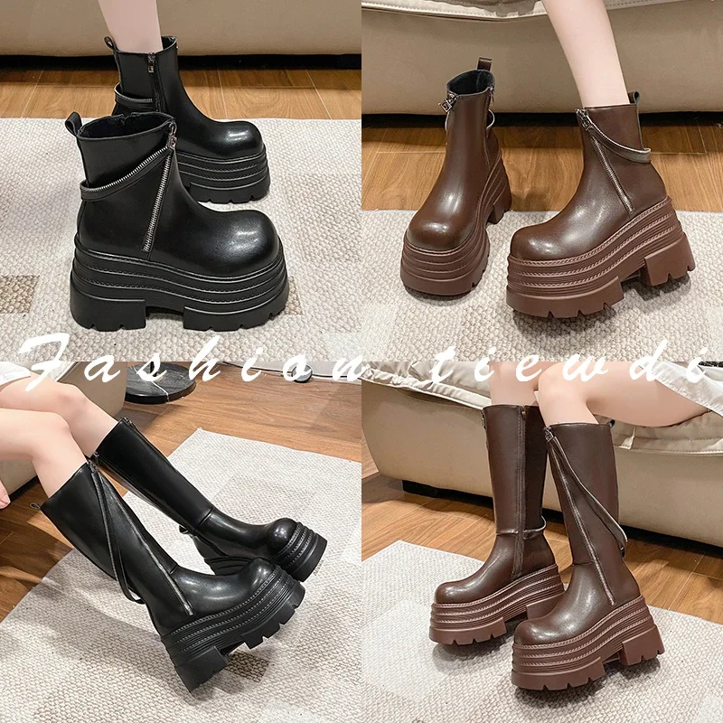 Женские мотоциклетные ботинки с толстой подошвой в форме пирамиды