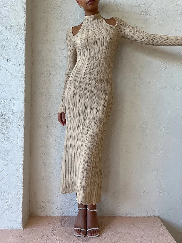 

Sexy Halter Hollow Out Crochet Knit Sweater Dress Women Off The Shoulder Solid Long Sleeve Bodycon Maxi Dresses Fall Winter