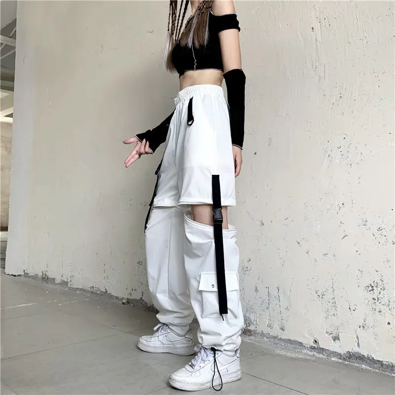 

Y2k Harajuku Loose Patchwork High Waist Trousers White Streetwear Cargo Pants Women Casual Removable Techwear Pants Women