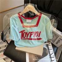 summer 2022 blue square neck short sleeved knitted t shirt womens sweet and spicy crop top