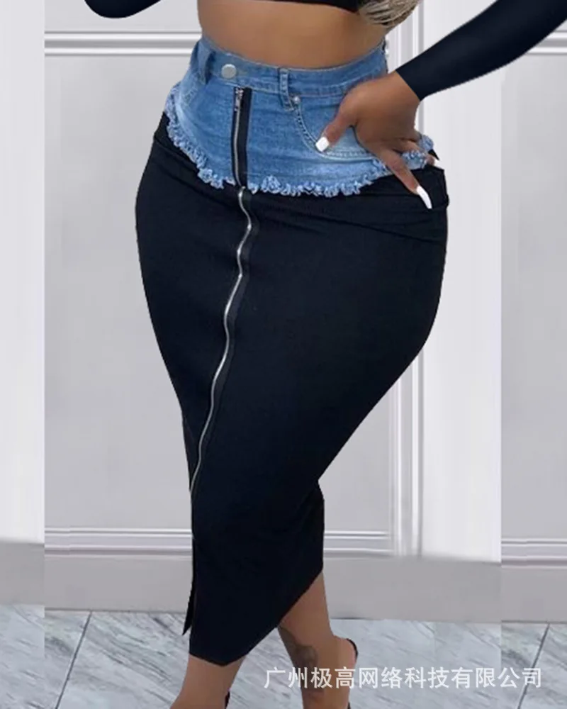 

Джинсовая дизайнерская Макси-юбка на молнии с завышенной талией