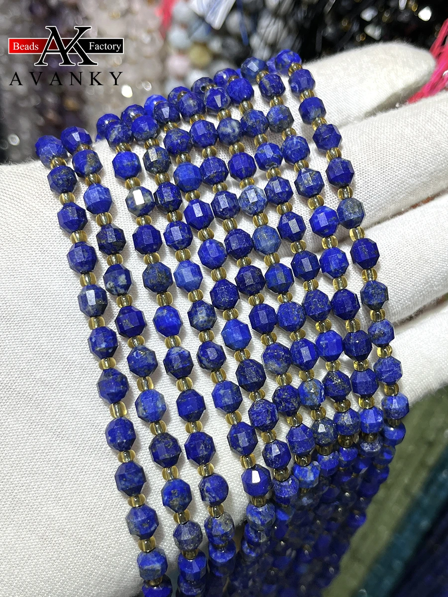 

Natural Lapis Lazuli Crystal Stone Energy Column Beads Faceted Loose Spacer For Jewelry Making DIY Necklace Bracelet 15'' 6mm